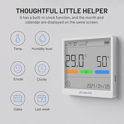 ATuMan THse Digital Thermo-Hygrometer with High-Precision Sensor, 4.3'' Large LCD Display & Long Battery Life - Indoor Temperature Humidity Monitor for Home, Office, Greenhouse