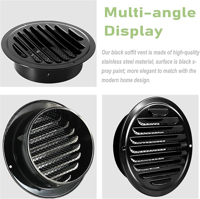 3 Inch Round Soffit Vent Cover, FocuVenHom Black Stainless Steel Air Vent Wall Vent Cover Louvered Grille Cover Air Vent Outlet with Built-in Fine Mesh for House, Office, Garage