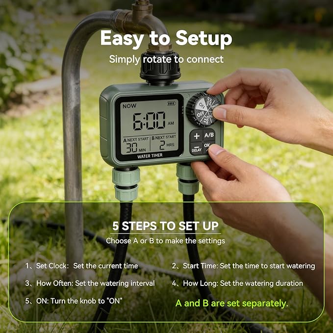 CMARS 2 Zone Sprinkler Timer for Garden Hose – Features Rain Delay, Manual & Automatic Modes, Brass Inlet, Dual Outlet Design, Programmable Watering & Drip Irrigation Ready for Lawn Yard
