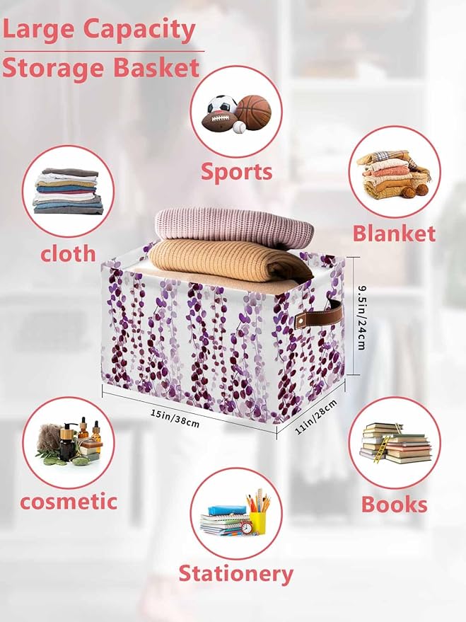 Purple Weeping Eucalyptus Storage Bins Cubes Waterproof Cloth Storage Basket,Spring Summer Farmhouse Leaves Foldable Storage Bags for Shelf Clothes Storages Organizers with Handles 15x11x9.5 in 2PCS