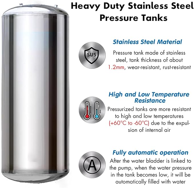 25 40 50 65 80 130 185 Gal Horizontal Pressure Tank Stainless Steel/ Water Pressure Tank for Water Well Pump & Sprinkler Systems - Domestic Water Pressurized Storage Containers with Mounting Kit ( Siz