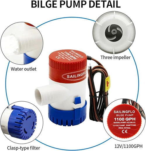 12V Bilge Pump-1100 GPH,1-1/8“(29mm) Outlet,Non-Automatic Submersible Marine Water Pump for Boat, Rvs,Pond