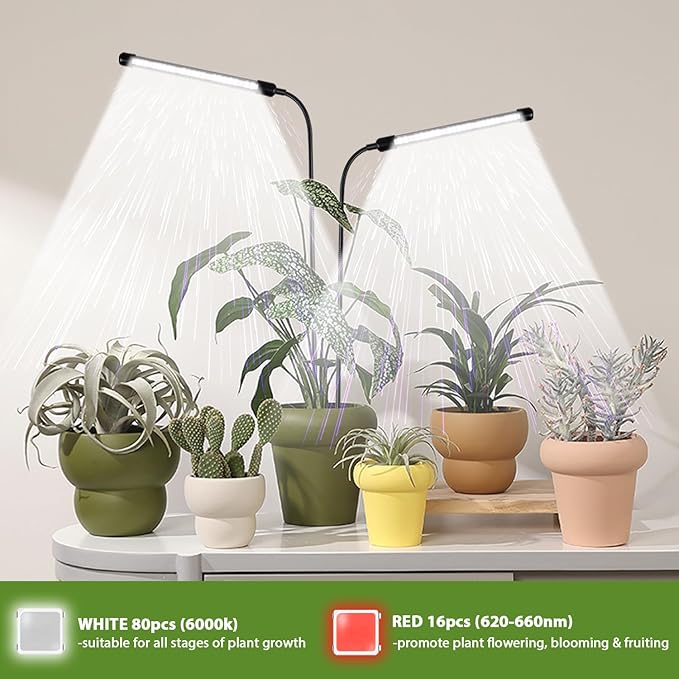 Grow Light 2 Pack, 6000K Full Spectrum Gooseneck Growing Lamp for Indoor Bonsai Pot Succulents Micro Greens Mini Plants, Dimmable & Auto Timer 4 8 12H