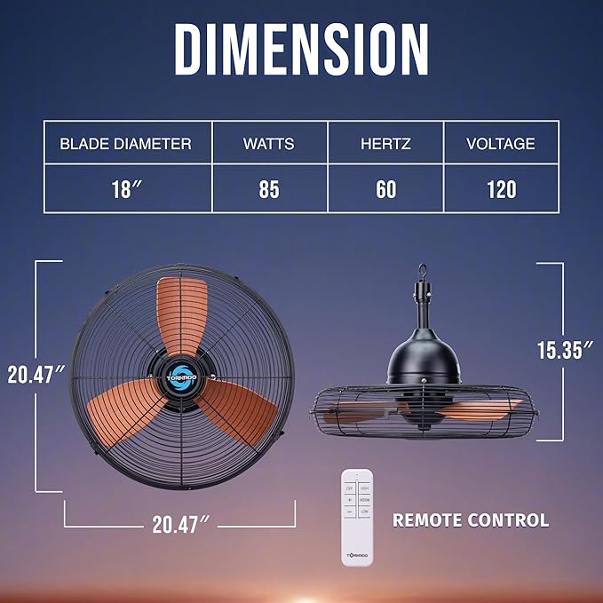 Tornado 20-Inch Outdoor Downrod Mount Ceiling Fan, IPX4 Water-Resistant with Remote Control, 3-Speed Settings, 3300 CFM Airflow, 10-Foot Cord, UL Listed