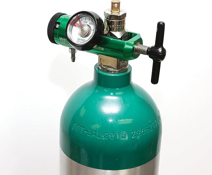 AireMed Oxygen Regulator 0-25LPM, CGA-870 Gauge Flow Rate – Includes Wrench Key, 5 Brass Yoke Washer Seals, and 2 Oxygen Tubing Swivel Connectors - Ergonomic Handle Design - Green