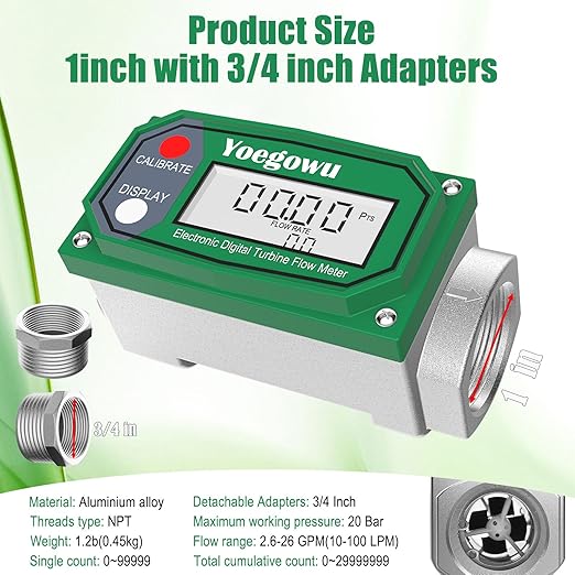 1" Digital Turbine Fuel Flow Meter, 2.6–26 GPM Inline NPT Flowmeter with LCD Display and 3/4" Adapters,For Diesel,Gasoline,Kerosene, Water and Other Liquids –Supports Gallon, L, QTS, PTS, m³ (1"&3/4")