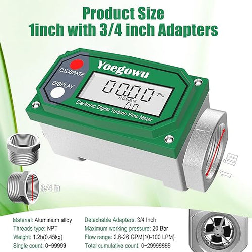 1" Digital Turbine Fuel Flow Meter, 2.6–26 GPM Inline NPT Flowmeter with LCD Display and 3/4" Adapters,For Diesel,Gasoline,Kerosene, Water and Other Liquids –Supports Gallon, L, QTS, PTS, m³ (1"&3/4")