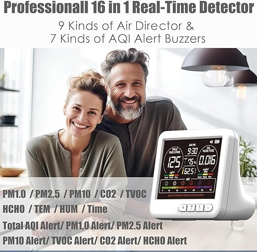 Professional Indoor Air Quality Monitor with AQI Alerts, Portable Real-Time Detector for Home, Car, Plants & Pet