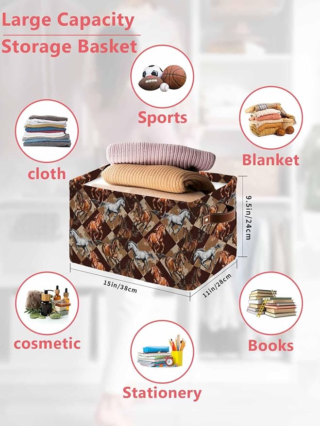 Vintage Gray Brown Horses Storage Bins Cubes Waterproof Cloth Storage Basket,Farmhouse Plaid Country Animals Foldable Storage Bags for Shelf Clothes Storages Organizers with Handles 15x11x9.5 in 1PCS