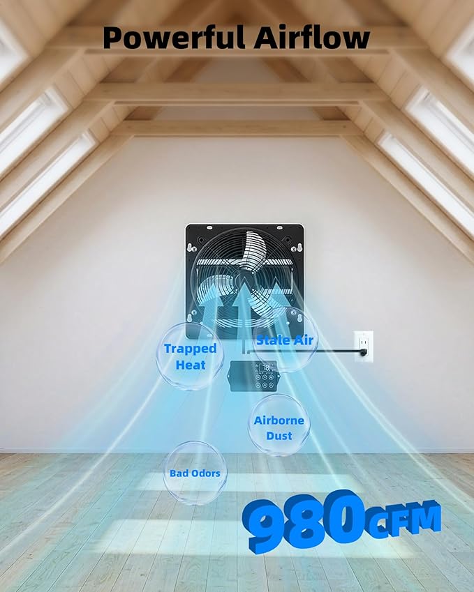 12'' Upgraded Shutter Exhaust Fan with Thermostat & Remote, 980 CFM Wall Mounted Attic Exhaust Fan, Auto On/Off by Temperature for Garage, Greenhouses, Sheds, Chicken Coops & Basement
