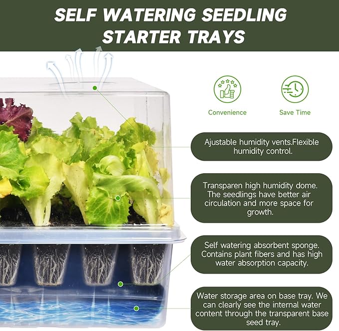 Adawook Self-Watering Seed Starter Tray, Seed Starter Kit Self Water, Germination Trays for Seed Starting with High Humidity Domes (Tray, 120 Cells)