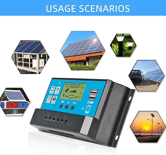 60A PWM Solar Charge Controller 12V/24V with LCD Display, Dual USB Solar Panel Battery Intelligent Regulator, Auto Parameter Adjustable, Timer Setting, Multiple Load Control Modes
