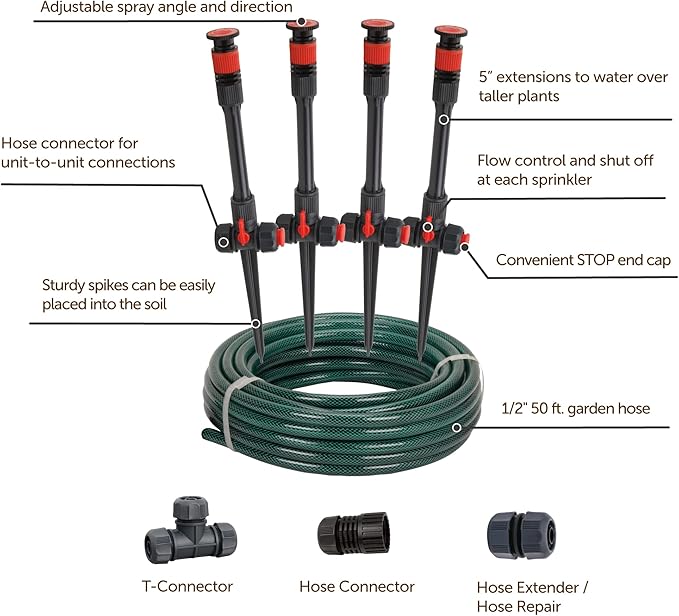 Eden 98063 Multi-Adjustable Flex Design Above Ground Irrigation Garden Sprinkler System,Sprinkler & Hose,DIY Plant Watering Set,(Pack of 4)