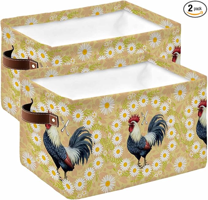 Spring Floral Rooster Storage Bins Cubes Waterproof Cloth Storage Basket,Farmhouse Flowers Elegant Botanical Foldable Storage Bags for Shelf Clothes Storages Organizers with Handles 15x11x9.5 in 2PCS