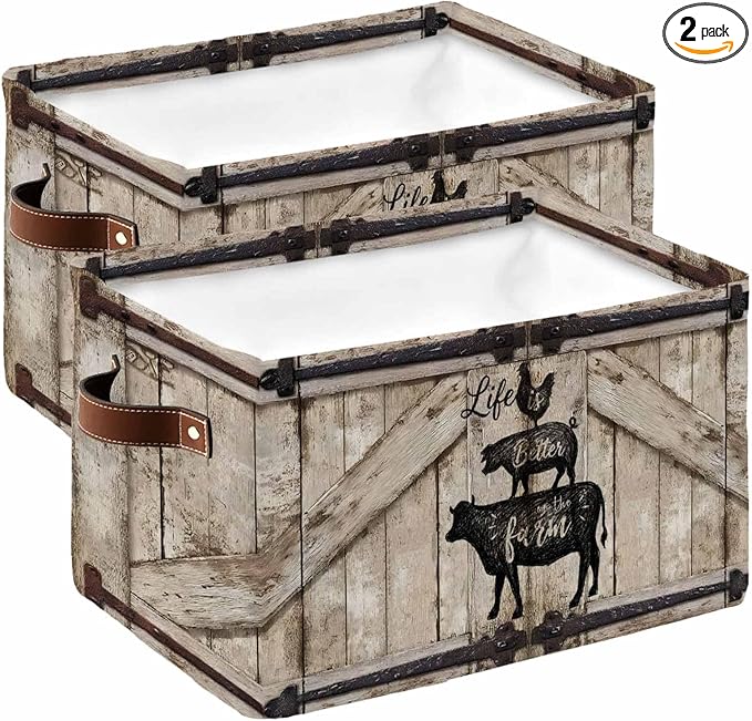 Farmhouse Animals Storage Bins Cubes Waterproof Cloth Storage Basket, Rooster Pig Cattle Brown Wooden Plank Foldable Storage Bags for Shelf Closet Clothes Organizers with Handles 15x11x9.5 in 2PCS