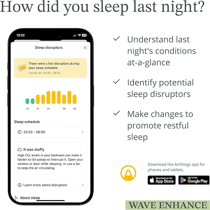 Airthings 322 Wave Enhance -Indoor Air Quality Monitor for CO2, VOC, Humidity, Temp, Pressure plus Noise & Light Sensors - Monitors Conditions for Sleep in Bedrooms & for Concentration in Home Offices