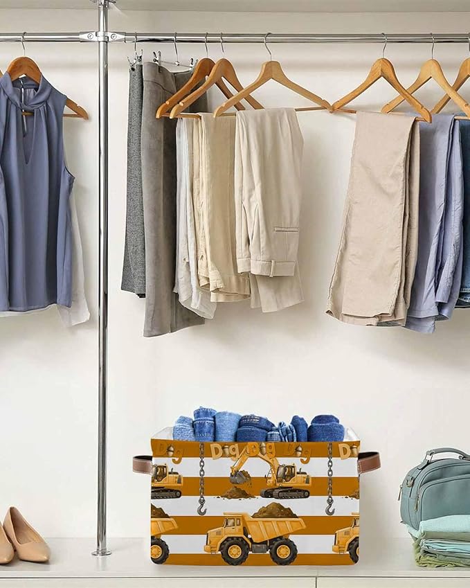 Yellow Truck Storage Bins Cubes Waterproof Cloth Storage Basket, Brown Striped Farmhouse Art Foldable Storage Bags for Shelf Closet Clothes Organizers with Handles 15x11x9.5 in 2PCS