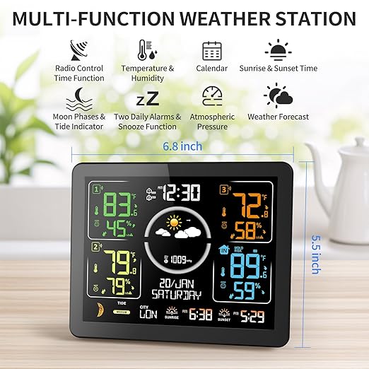Weather Stations Wireless Indoor Outdoor Thermometer with Multiple Sensors, 7.5" VA Display Weather Forecast Station with Atomic Clock, Temperature, Humidity and Adjustable Backlight for Home