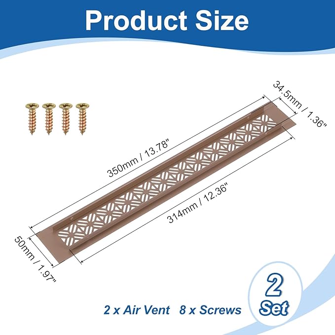 uxcell 2Pcs Aluminum Alloy Air Vents, 350 x 50mm / 13.8 x 2" Rectangle Louvered Ventilation Grille Cover with Mounting Screws for Door Cabinet Wardrobe, Brown