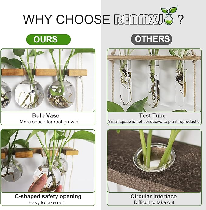 Renmxj Plant Propagation Station Wall Hanging, Plant Terrarium with 2 Tiered Wooden Stand for Hydroponics Plants, Unique Gardening Gifts for Women Mom Plants Lovers - 6 Bulb Glass Vases