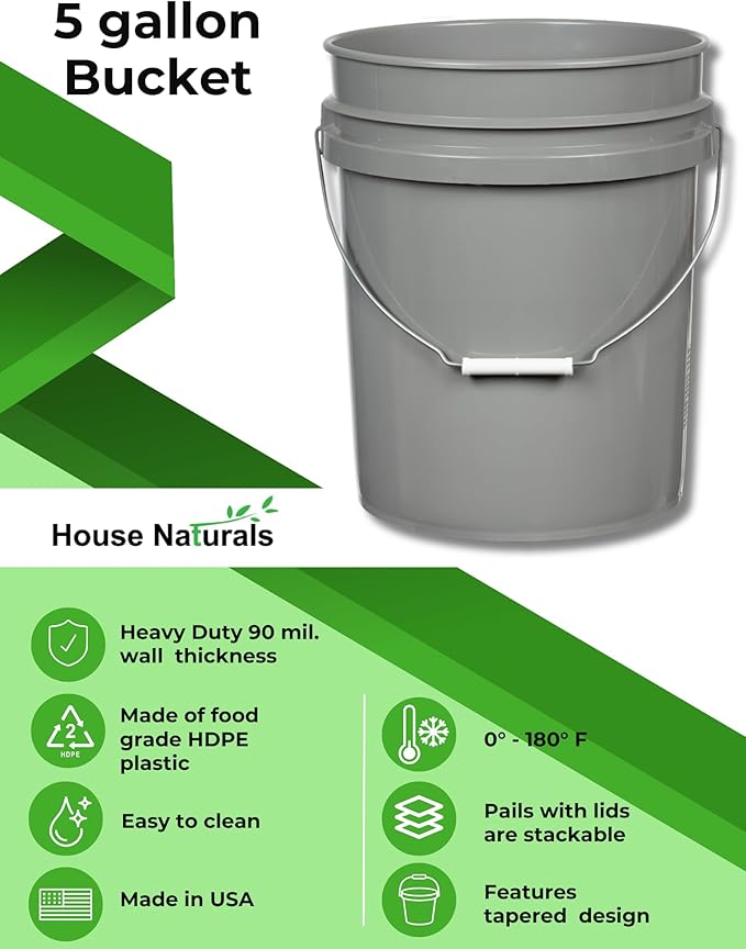 House Naturals 5 Gallon Food Grade BPA Free Made in USA Pails Gray Bucket with Screw On Air Tight Lid (1, Gray with White lid)