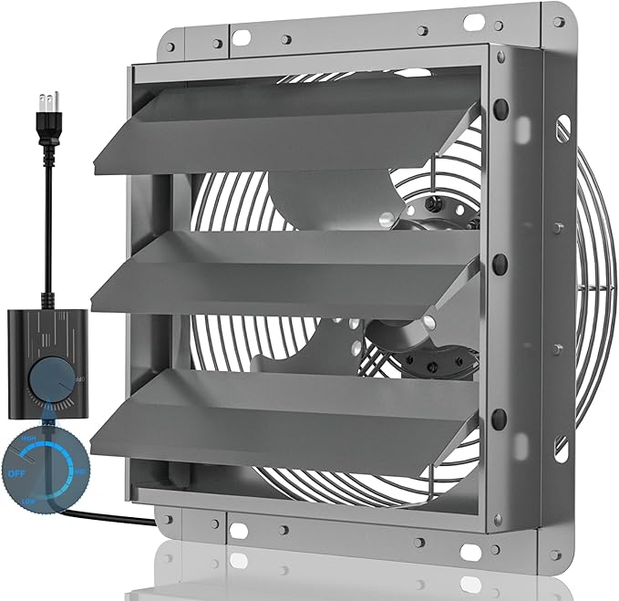 Hon&Guan 12 Inch Shutter Exhaust Fan with Stepless Speed Controller, 764 CFM High Airflow, 1600 RPM Wall Vent Fan, Automatic Gravity Shutters, Easy Install for Garage, Shed & Greenhouse, Gunmetal Gray