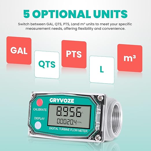 1 Inch Digital Turbine Fuel Flow Meter, 2.6-26 GPM Inline NPT Thread Flowmeter with 3/4 in Adapters for Water, Diesel, Gas Oil, Gasoline, and Other Liquids - Supports Gallon, QTS, PTS, L, m³