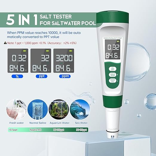 5-in-1 Digital Water Quality Tester with TDS/EC/pH/Salinity/Temperature, Backlit LCD Display, Portable Water Quality Tester for Drinking Water, Hydroponics, Aquariums, Swimming Pools & Laboratories.