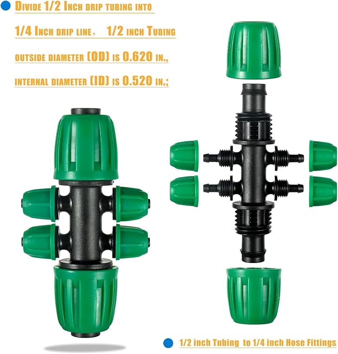 10 Pcs 1/2 to 1/4 inch Garden Hose Tubing Irrigation Fittings,6-Way Anti-Leak 1/2'' to 1/4'' Locked Barbed Drip Irrigation Tee Connectors (1/2"IDx0.6-0.63"OD) 1/2'' to 1/4'' Irrigation Tubing Fitting
