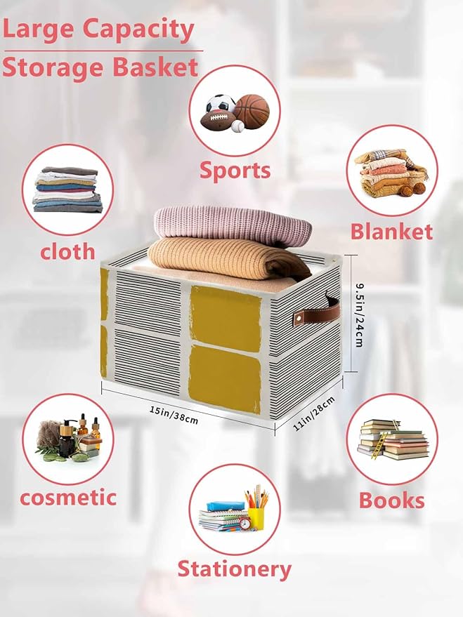 Yellow Storage Bins Cubes Waterproof Cloth Storage Basket,Modern Painting Farmhouse Striped Abstract Art Foldable Storage Bags for Shelf Clothes Storages Organizers with Handles 15x11x9.5 in 1PCS