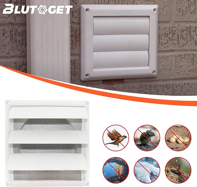 Blutoget 6" Louvered exhaust Vent Cover 8" x 8" Oversize dryer outlet cover for Exterior Wall Vent Hood Outlet Airflow - 6 Inch Vent Cover Exterior with 4 Vent Screen Screw (White)