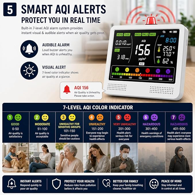 16-in-1 Indoor Air Quality Monitor for Home, CO2 Detector with PM2.5/PM10, Formaldehyde (HCHO), TVOC Sensor, AQI Alarm, Temperature & Humidity Monitor