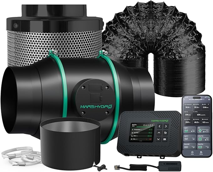 MARS HYDRO 6 inch Grow Tent Ventilation System Kit, Inline Duct Fan with iControl Temperature & Humidity Controller, App Remote Control, Carbon Filter Combo +25Ft Ducting,Air Filtration Kit