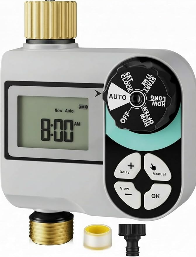 Kingdder Sprinkler Timer for Yard with Brass Inlet and Outlet Watering Timer for Garden Hose Timers Automatic Irrigation System with Rain Delay/Manual/ IP54 Waterproof(1 Outlet)