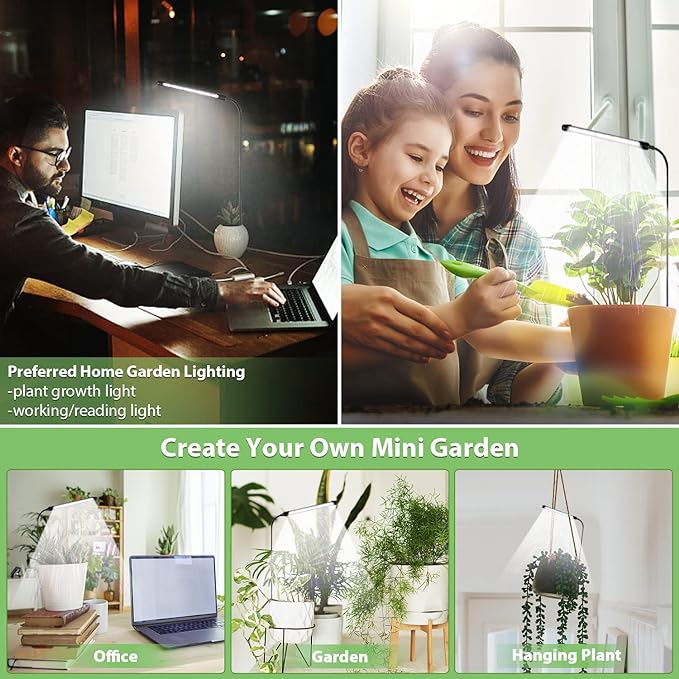 Juhefa Grow Light for Indoor Plants Growing, 6000K Full Spectrum Gooseneck Plant Lamp for Seedings Succulents Small Plants, Auto On/Off Timing & 5 Dimming, 1-Pack