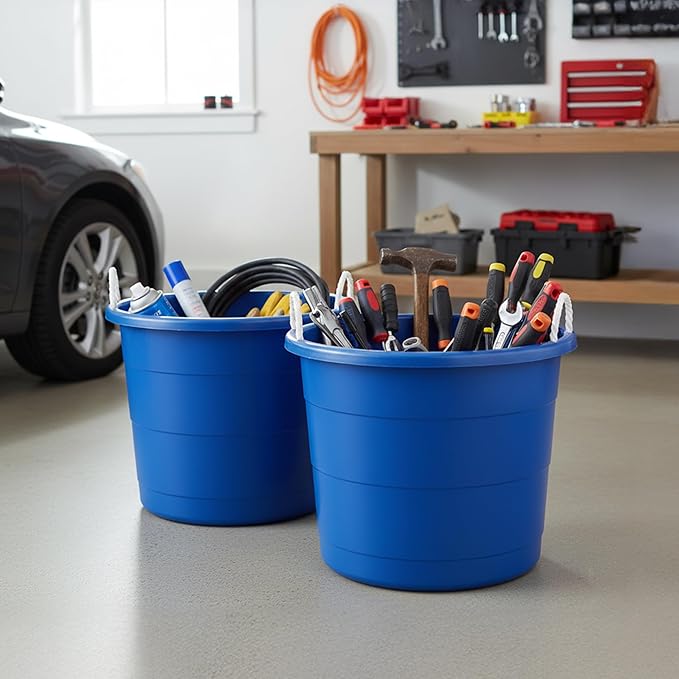 HOMZ 2-Pack Utility Tub, Large Plastic Storage Bucket with Rope Handles, 17 Gallon, Blue - Portable Indoor and Outdoor Buckets for Kitchen, Laundry, Garden, Bathroom, and Garage Organization