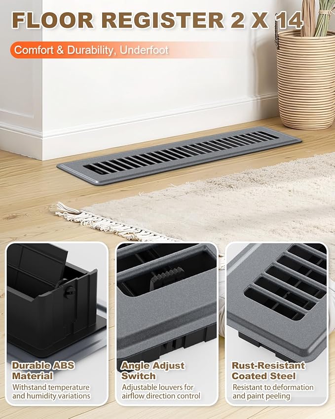 2 x 14 Floor Register, Gray Vent Covers for Home Floor, Anti-Rust Coated Metal Surfaces with Adjustable Airflow Control Lever, Ideal for HVAC Systems, Living Room & Bedroom Floor Vents - 4 Pack