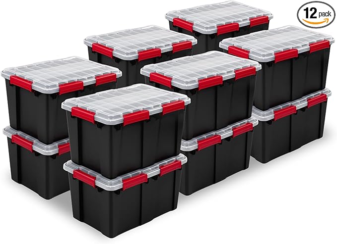 Sterilite 12 Pack Gasket Box, Stackable Plastic 13.5 Gallon Storage Container with Lids, Black - Waterproof and Dustproof Tote for Home Organization