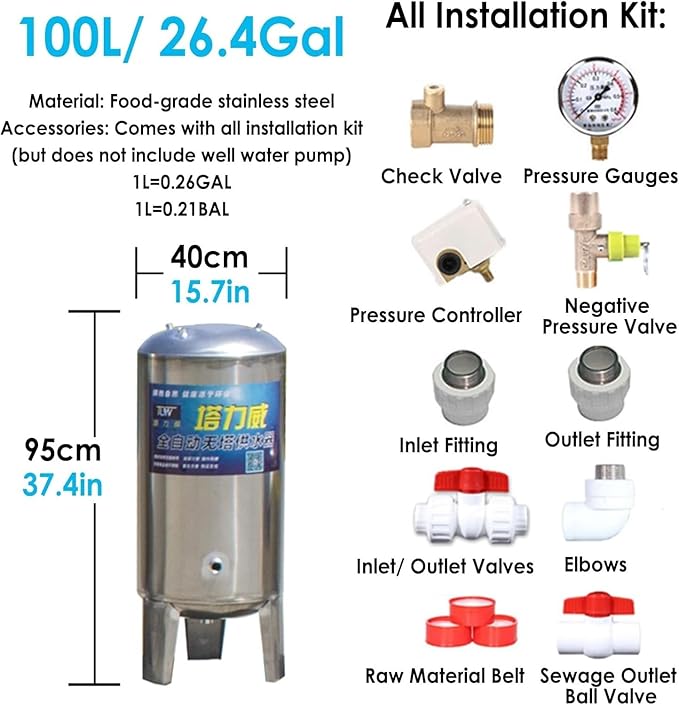 Pressurized Water Tank Well Pressure Tank 60gal 50gal 40gal 26gal Deep Well Pressure Tank with Installation Kit, Home/Garden Water Storage Tanks Pressurized Stainless Steel for Well Pump(155x50cm/61x1