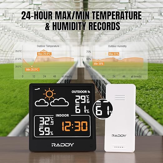 Raddy WF-50V Indoor Outdoor Thermometer Hygrometer, Wireless Weather Station Temperature & Humidity Monitor with 5.0’’ VA Display, USB-C Powered, Weather Forecast, Wireless Remote Sensor (Black)