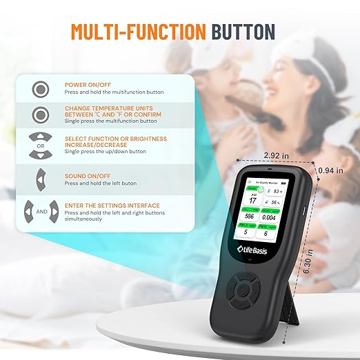 LifeBasis Air Quality Monitor Indoor, 11-in-1 Air Quality Detector with Stand, Real-Time Air Meter Test AQI, PM1.0, PM2.5, PM10, CO2, TVOC, HCHO, Particles, Temperature and Humidity, Dual Alert -Black