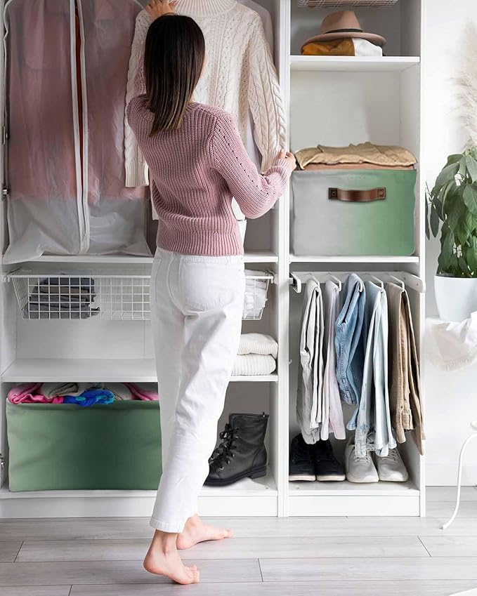 Green Grey Ombre Storage Bins Cubes Waterproof Cloth Storage Basket, Farmhouse Gradient Minimalist Foldable Storage Bags for Shelf Closet Clothes Storages Organizers with Handles 15x11x9.5 in 1PCS