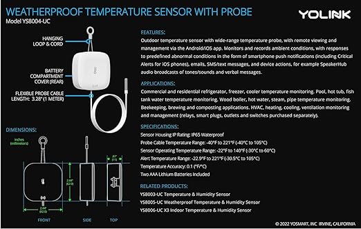 YoLink Weatherproof Fluid, Air, Surface Extreme High/Low Temperature Sensor with Probe, 1/4 Mile Long Range, YoLink Hub Required