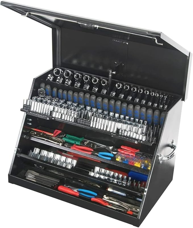 Montezuma – LA400B – 30-Inch Portable TRIANGLE Toolbox – Multi-Tier Design – 16-Gauge Construction – SAE and Metric Tool Chest – Weather-Resistant Toolbox – Lock and Latching System