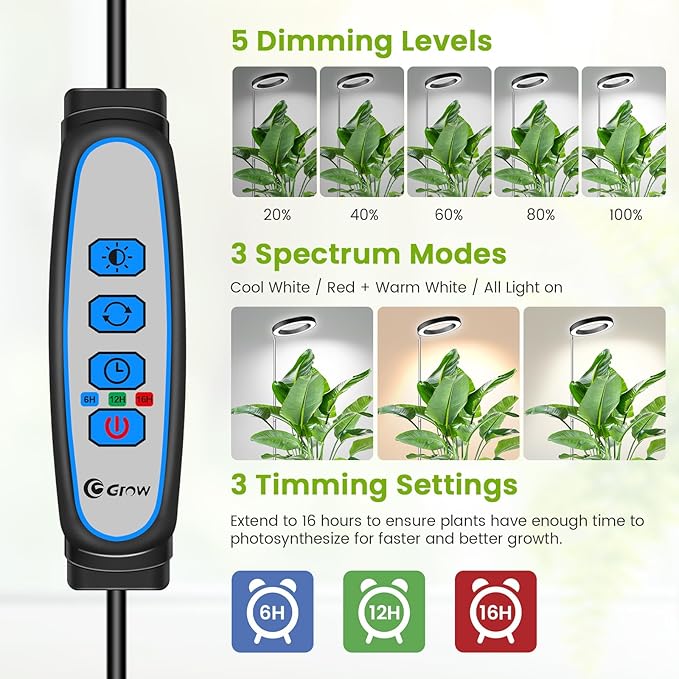 Kullsinss Black Grow Light, Full Spectrum LED Plant Lighs for Indoor Growing with 6/12/16H Timer, 3 Color Modes, 5 Brightness, 10"-60" Height Adjustable Grow Lamp for Tall Indoor Plants (3 Pack)