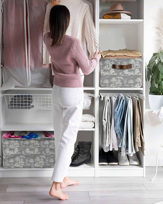 Tiger Leopard Storage Bins Cubes Waterproof Cloth Storage Basket, Grey Rustic Forest Trees Farmhouse Animals Foldable Storage Bags for Shelf Closet Clothes Organizers with Handles 15x11x9.5 in 2PCS