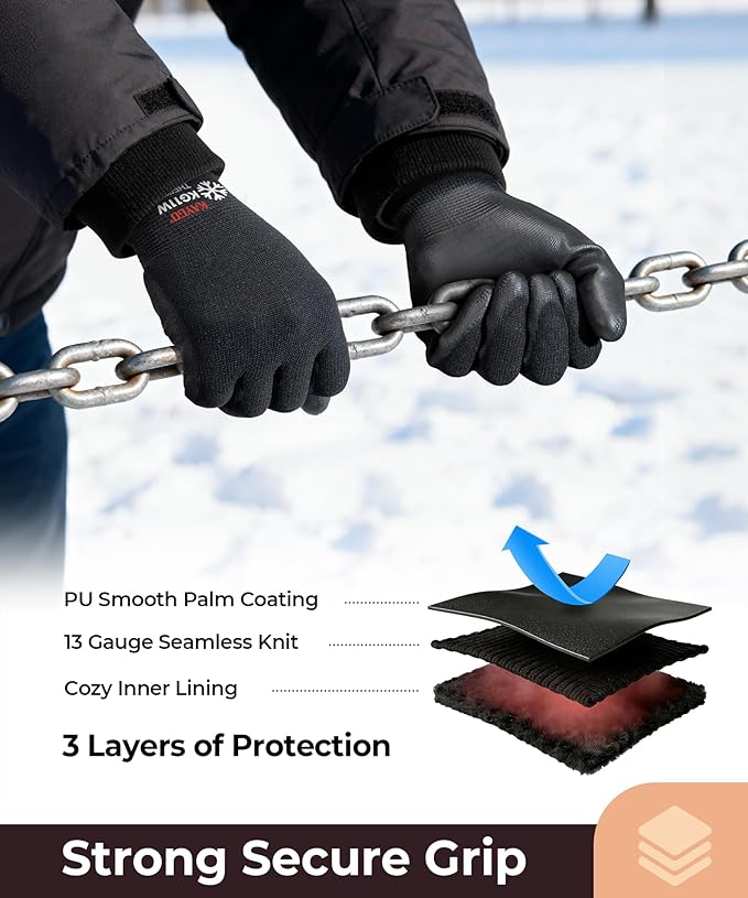 KAYGO 12 Pairs Winter Work Gloves for Men and Women, Thermal Insulated Safety Work Gloves PU Coated, Super Grip,Ideal for Freezer Work,Black,L
