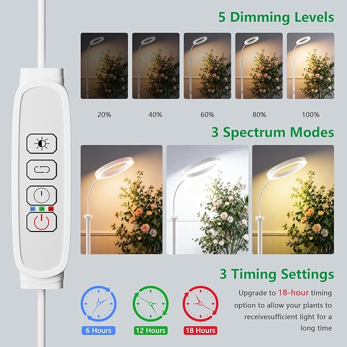 SDOVUERC Full Spectrum Grow Light with Stand for Indoor Plants, Floor Plant Light, 6/12/18H Timer, 3 Color Modes, Adjustable Height 16.5–67in, for Large Plants & Home Décor(2 Heads White)