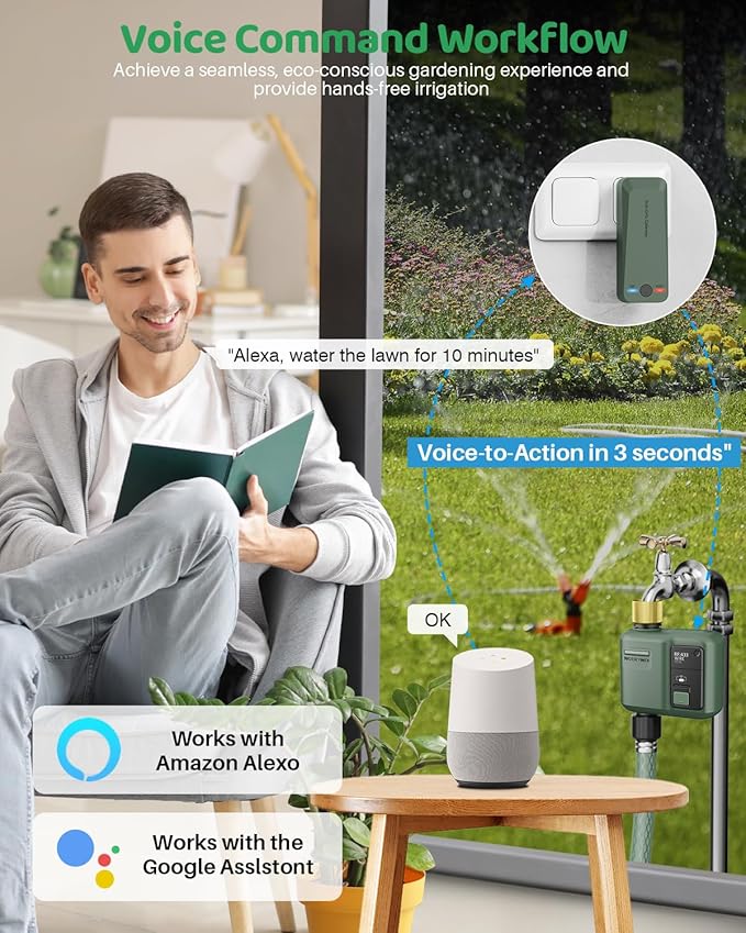 WiFi Water Timer for Garden Hose, 2 Pc Smart Sprinkler Controller with 984ft RF Range, Smart Lawn Watering System Irrigation Timer, APP/Voice Control, Rain Delay, Manual Irrigation (Brass Inlet)