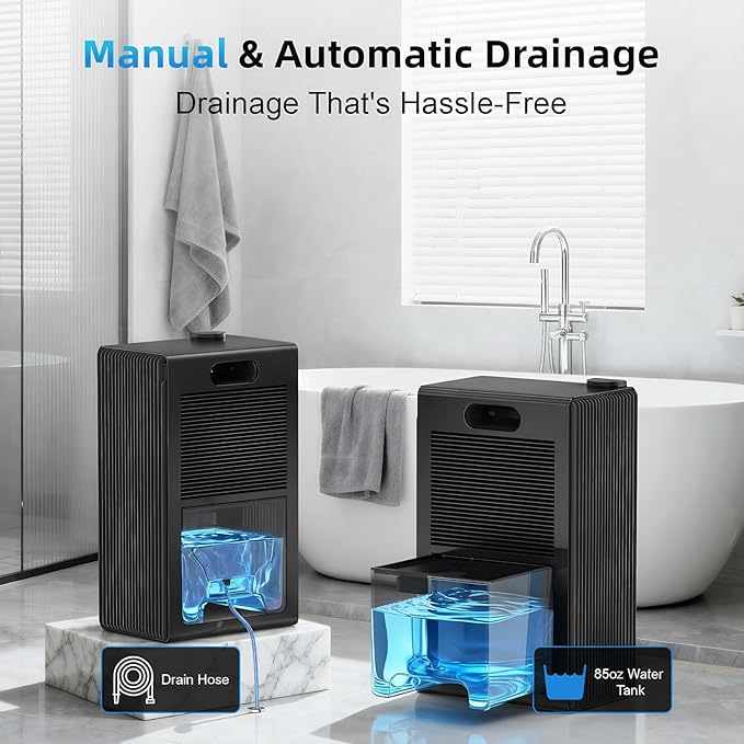 Dehumidifier for Home (85 OZ, 1000 sq ft) Small Dehumidifiers for Basement, Auto Shut-Off, Sleep Mode, 7 Color Light, Quiet Dehumidifier for Bedroom, Bathroom, Living Room with Drain Hose(Pure Black)